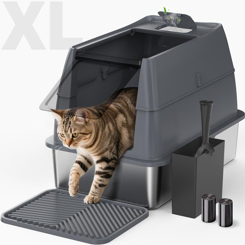 AIPERRO Enclosed Stainless Steel Cat Litter Box with Lid,High Side Cats Toilet Metal Kitten Litter Pan, Pet Cleaning Tool for Big and Small Cats, Rabbits, Splash-Proof and Non-Stick Anti-Urine Leakage Cat Poop Box Odorless, Outdoorfun