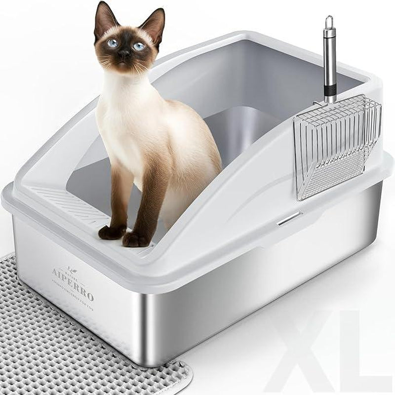 AIPERRO Enclosed Stainless Steel Cat Litter Box with Lid,High Side Cats Toilet Metal Kitten Litter Pan, Pet Cleaning Tool for Big and Small Cats, Rabbits, Splash-Proof and Non-Stick Anti-Urine Leakage Cat Poop Box Odorless, Outdoorfun