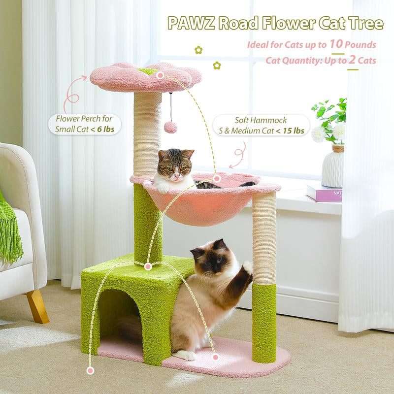 PAWZ Road Flower Cat Tree 36.6-Inch Multi-Level Cat Tower with Sisal Covered Scratching Posts, Cute Cat Condo for Indoor Small Medium Cats, Pink Top Perch, Ramp, Fluffy Ball