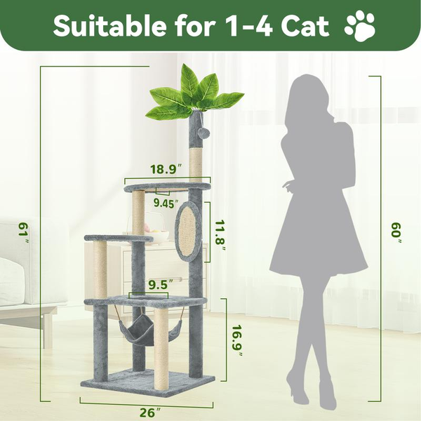 Wecharmer Cat Tree / Tower for Indoor with Green Leaves, Cat Condo Cozy Plush House with Hang Ball, Pet Furniture with Scratching Posts Cat Tree