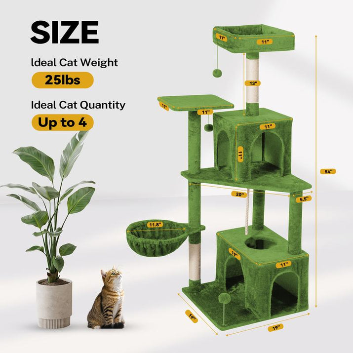 Wecharmer Cat Tree / Tower for Indoor with Green Leaves, Cat Condo Cozy Plush House with Hang Ball, Pet Furniture with Scratching Posts Cat Tree