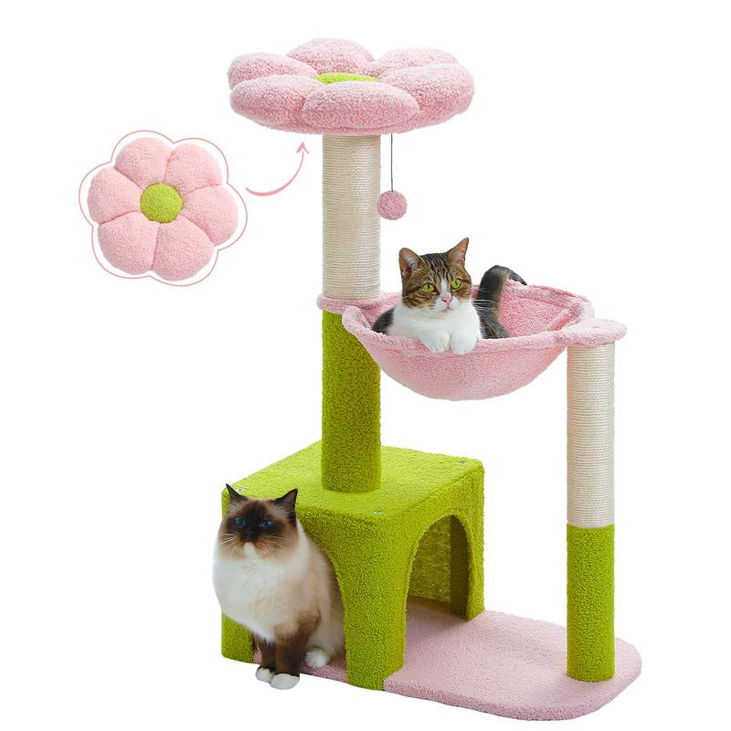 PAWZ Road Flower Cat Tree 36.6-Inch Multi-Level Cat Tower with Sisal Covered Scratching Posts, Cute Cat Condo for Indoor Small Medium Cats, Pink Top Perch, Ramp, Fluffy Ball