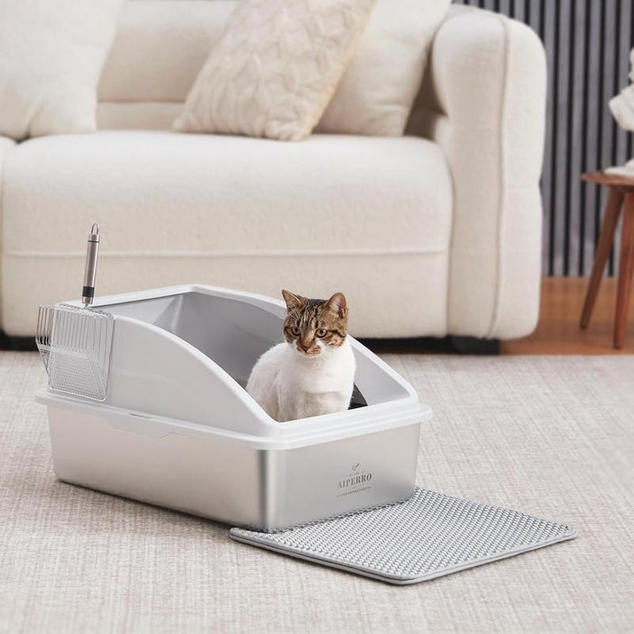 AIPERRO Enclosed Stainless Steel Cat Litter Box with Lid,High Side Cats Toilet Metal Kitten Litter Pan, Pet Cleaning Tool for Big and Small Cats, Rabbits, Splash-Proof and Non-Stick Anti-Urine Leakage Cat Poop Box Odorless, Outdoorfun