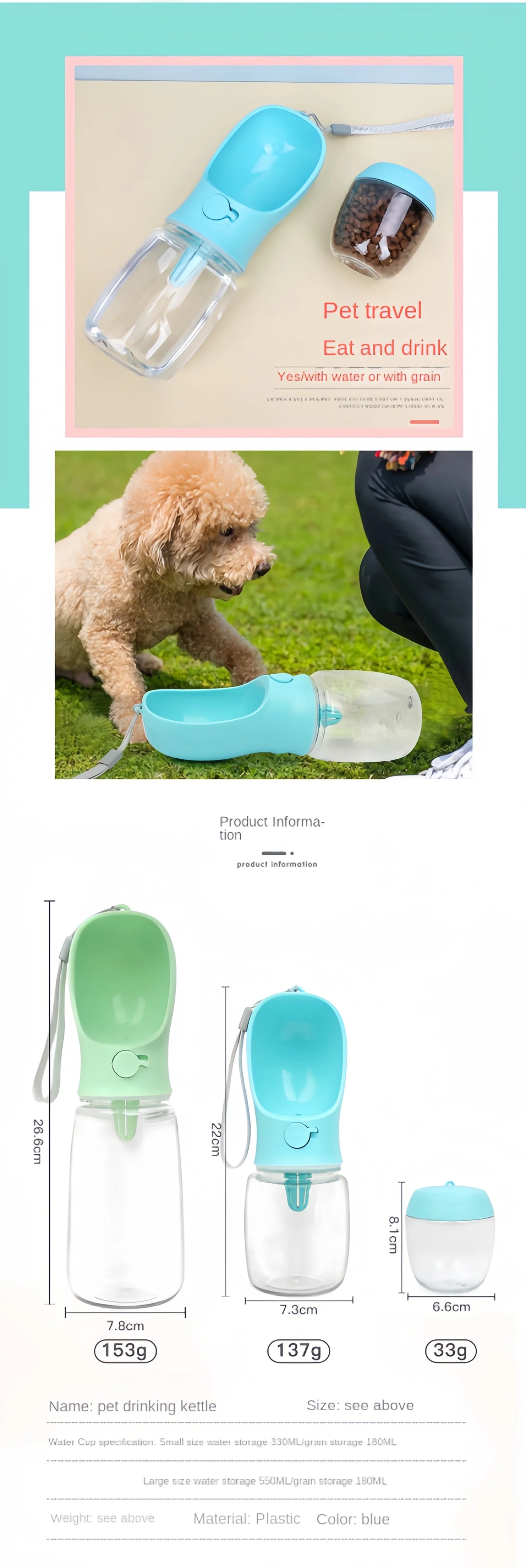 Botella de agua portátil para perros y gatos con almacenamiento de alimentos y contenedor de agua para cachorros, cuenco alimentador para perros, suministros para mascotas de viaje al aire libre