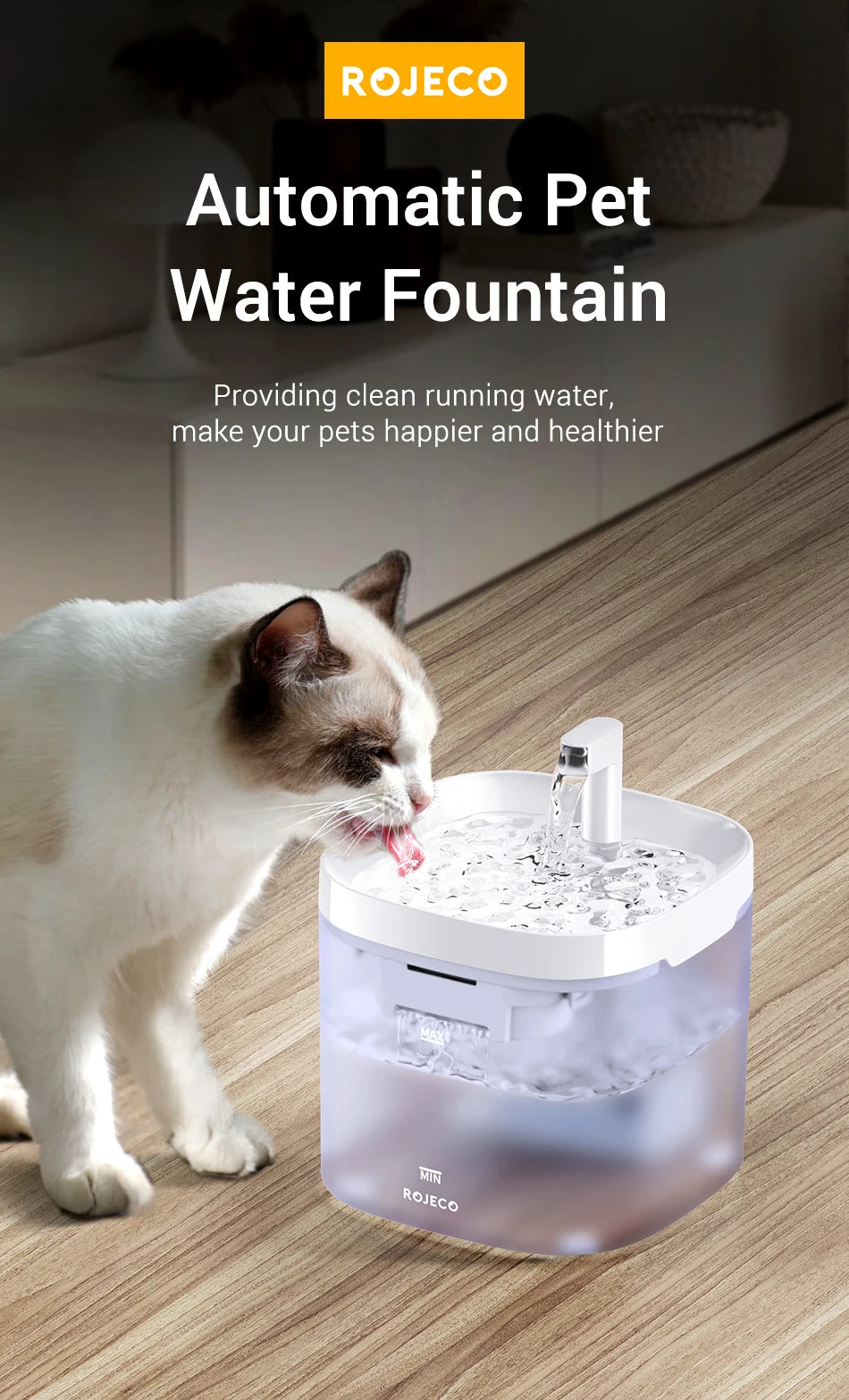 Fuente de agua inteligente ROJECO para gatos, dispensador automático de agua para mascotas, purificador de agua para perros y gatos con filtros de recirculación.