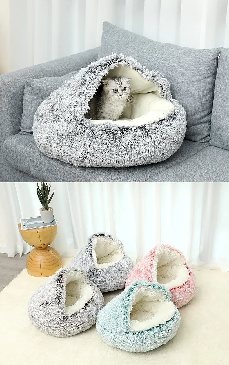 Casa para gatos de invierno de felpa, cama redonda para gatos, cojín grueso y cálido, cesta para gatos, saco de dormir para mascotas, nido para gatitos, perrera para gatos pequeños.