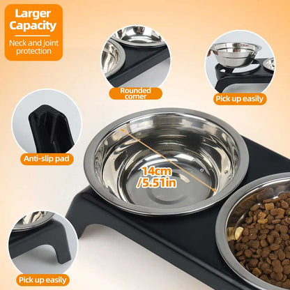 Comedero elevado para mascotas con dos cuencos de acero inoxidable, adecuado para perros y gatos pequeños y medianos, disponible en negro y gris.