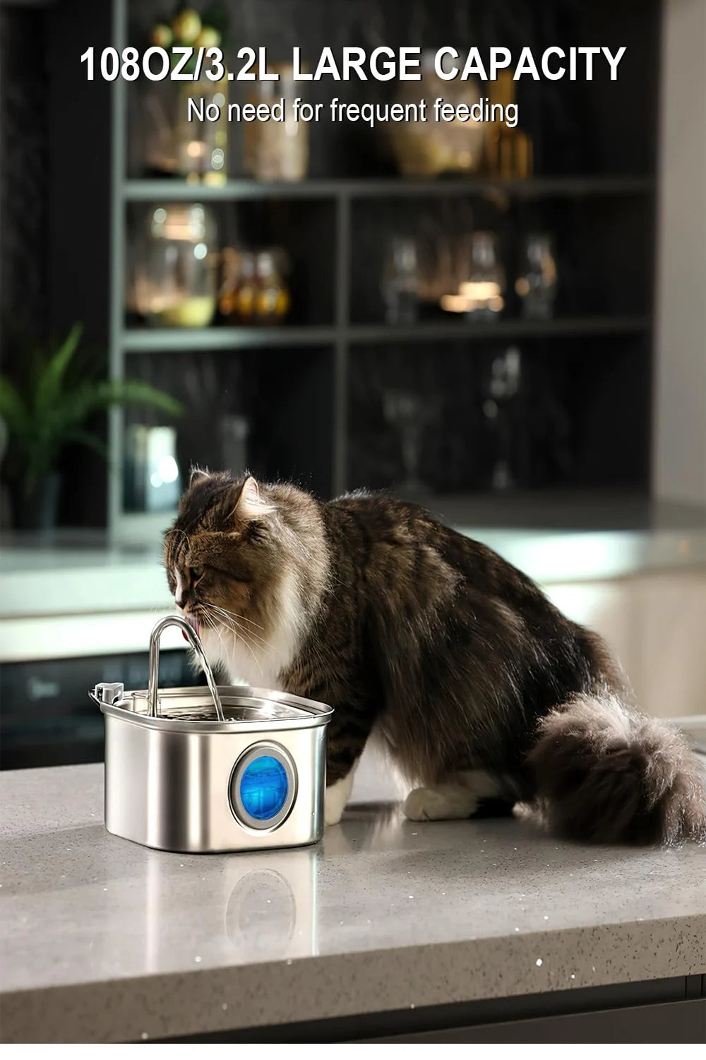 Fuente de Agua Automática para Gatos y Perros 3.2L - Acero Inoxidable con Ventana Visual