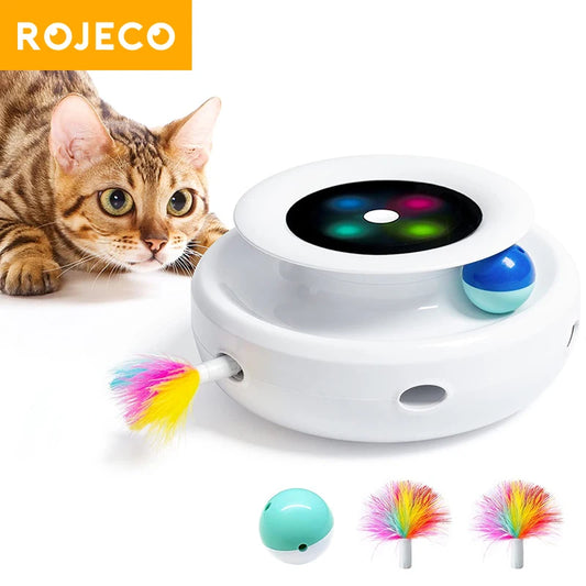 ROJECO Juguete Interactivo 2 en 1 para Gatos - Plumas Automáticas y Pelotas