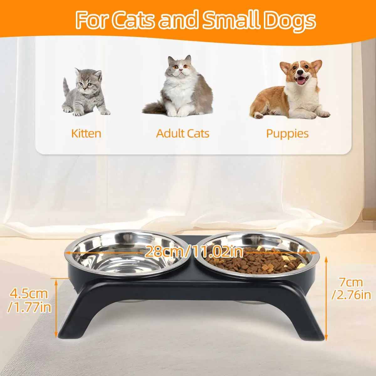 Comedero elevado para mascotas con dos cuencos de acero inoxidable, adecuado para perros y gatos pequeños y medianos, disponible en negro y gris.