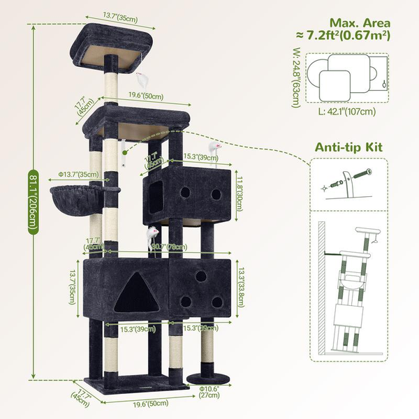 Extra Large Cat Tower, 81In Tall Cat Tree for Big Cats with 3 Condos and 8 Scratching Posts for Indoor Adult Cats