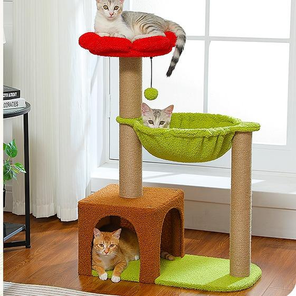 PAWZ Road Flower Cat Tree 36.6-Inch Multi-Level Cat Tower with Sisal Covered Scratching Posts, Cute Cat Condo for Indoor Small Medium Cats, Pink Top Perch, Ramp, Fluffy Ball
