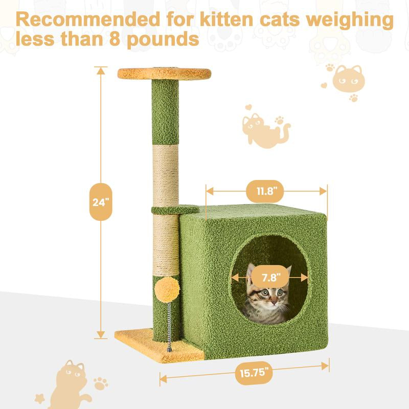 Wecharmer Cat Tree / Tower for Indoor with Green Leaves, Cat Condo Cozy Plush House with Hang Ball, Pet Furniture with Scratching Posts Cat Tree