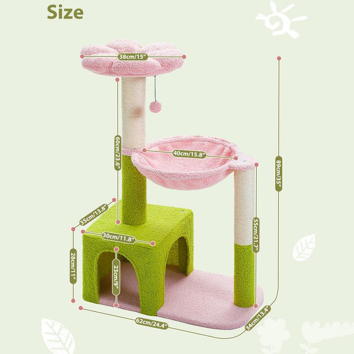PAWZ Road Flower Cat Tree 36.6-Inch Multi-Level Cat Tower with Sisal Covered Scratching Posts, Cute Cat Condo for Indoor Small Medium Cats, Pink Top Perch, Ramp, Fluffy Ball