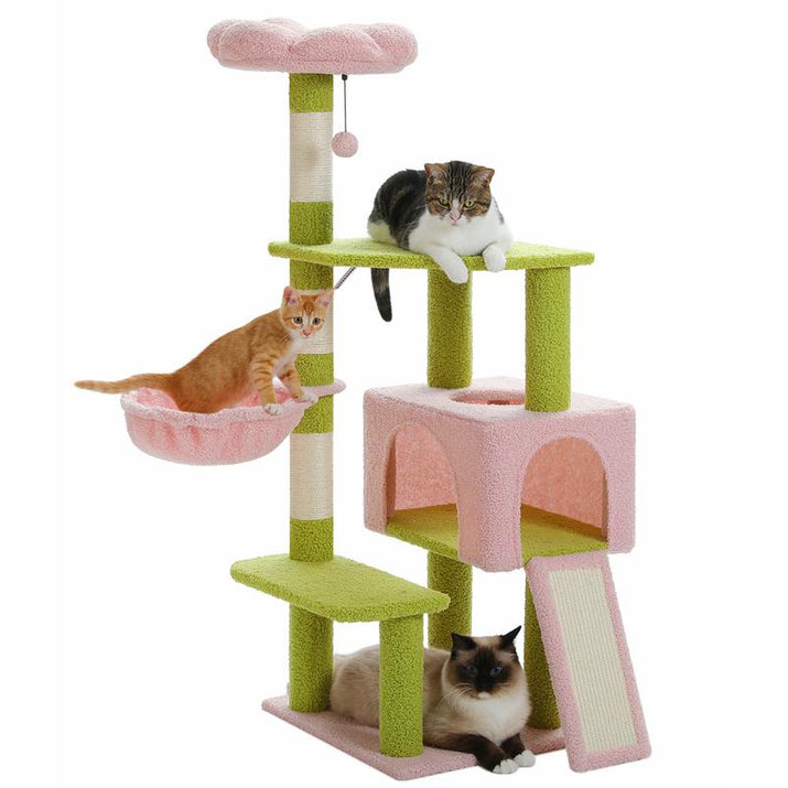 PAWZ Road Flower Cat Tree 36.6-Inch Multi-Level Cat Tower with Sisal Covered Scratching Posts, Cute Cat Condo for Indoor Small Medium Cats, Pink Top Perch, Ramp, Fluffy Ball