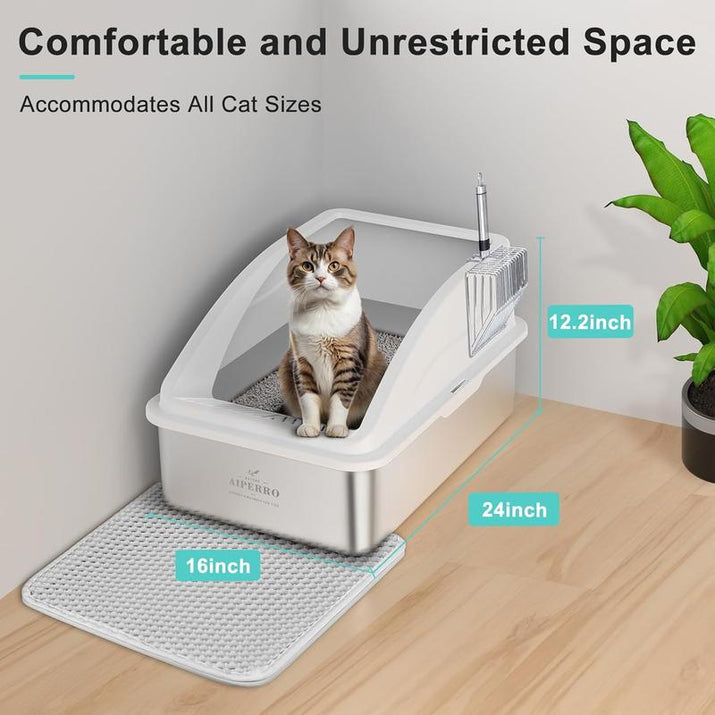 AIPERRO Enclosed Stainless Steel Cat Litter Box with Lid,High Side Cats Toilet Metal Kitten Litter Pan, Pet Cleaning Tool for Big and Small Cats, Rabbits, Splash-Proof and Non-Stick Anti-Urine Leakage Cat Poop Box Odorless, Outdoorfun