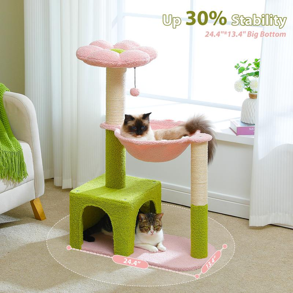 PAWZ Road Flower Cat Tree 36.6-Inch Multi-Level Cat Tower with Sisal Covered Scratching Posts, Cute Cat Condo for Indoor Small Medium Cats, Pink Top Perch, Ramp, Fluffy Ball