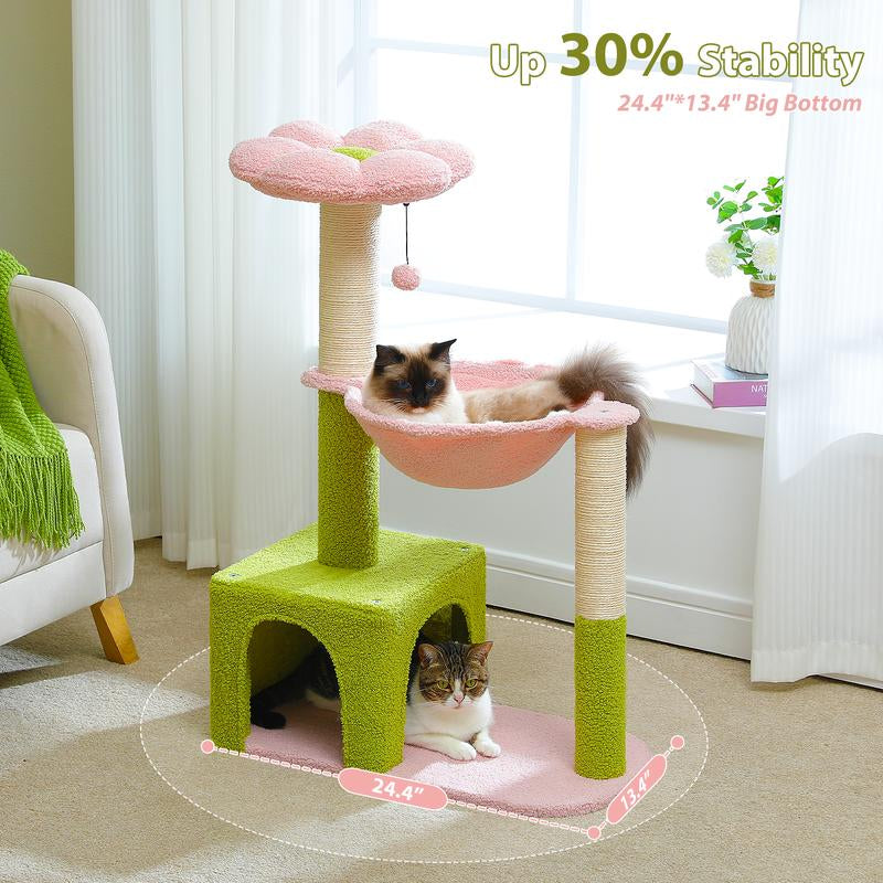 PAWZ Road Flower Cat Tree 36.6-Inch Multi-Level Cat Tower with Sisal Covered Scratching Posts, Cute Cat Condo for Indoor Small Medium Cats, Pink Top Perch, Ramp, Fluffy Ball