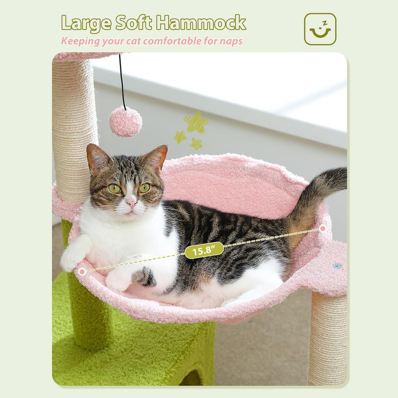 PAWZ Road Flower Cat Tree 36.6-Inch Multi-Level Cat Tower with Sisal Covered Scratching Posts, Cute Cat Condo for Indoor Small Medium Cats, Pink Top Perch, Ramp, Fluffy Ball