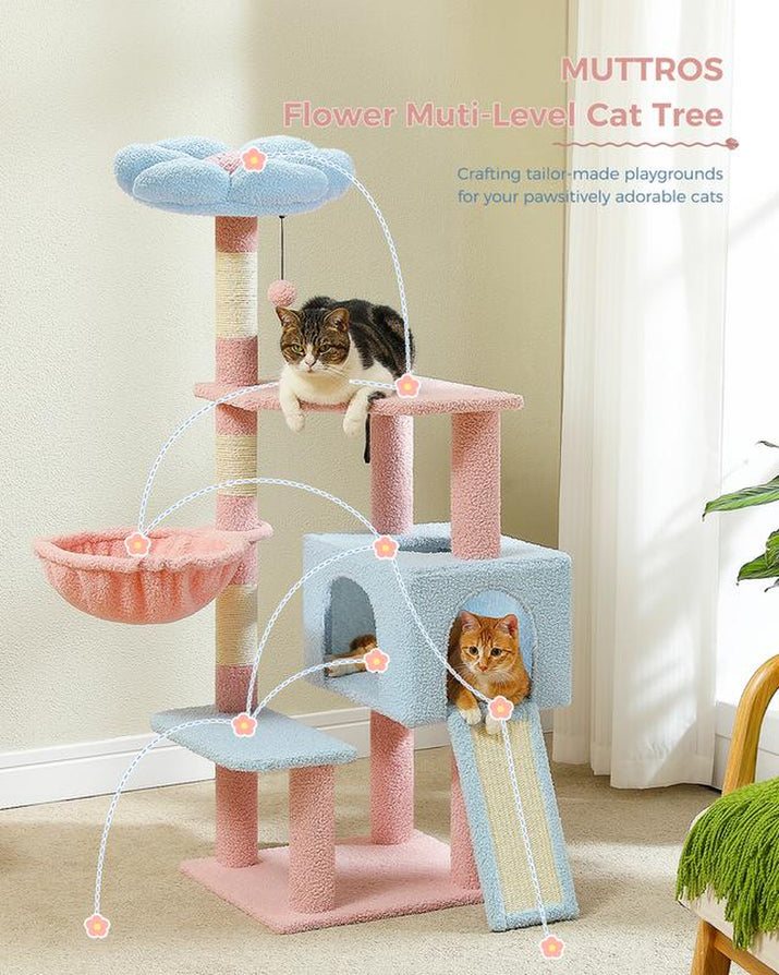 PAWZ Road Flower Cat Tree 36.6-Inch Multi-Level Cat Tower with Sisal Covered Scratching Posts, Cute Cat Condo for Indoor Small Medium Cats, Pink Top Perch, Ramp, Fluffy Ball